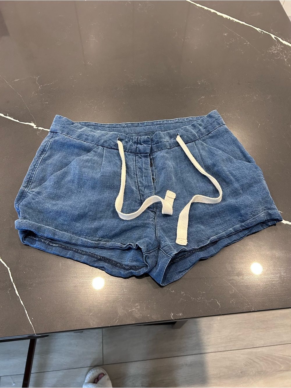 Wilfred Denim Blue Drawstring Linen Blend Shorts Relaxed Summer Coastal